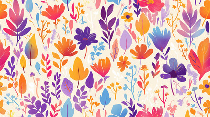 Wall Mural - The image features a vibrant and colorful pattern of flowers and leaves, with a mix of warm and cool colors