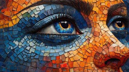 Wall Mural - Close-Up of a Colorful Mosaic Artwork Depicting a Person's Eye With Vibrant Blue, Orange, and Red Tones Showcasing Intricate Tile Patterns and Diverse Shades in a Detailed Artistic Composition