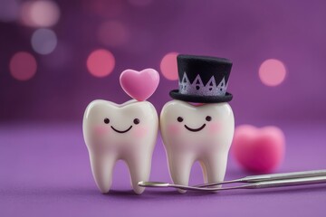 Sticker - Dental instruments and two cute teeth with happy faces, one wearing a black top hat and holding a pink heart-shaped object, and another wearing a crown on a purple background.