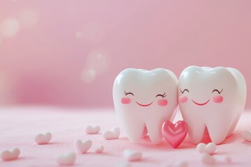 Sticker - a cute, smiling tooth couple with hearts on a pink background, a Valentine's concept for a dental clinic ad banner or poster design. Cartoon character teeth in a romantic love scene.