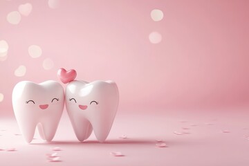 Sticker - a cute, smiling tooth couple with hearts on a pink background, a Valentine's concept for a dental clinic ad banner or poster design. Cartoon character teeth in a romantic love scene.