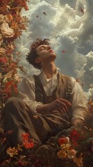 Canvas Print - Surreal Dream: A Man Among Flowers and Clouds