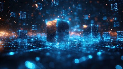 Futuristic Abstract Composition of Interconnected Digital Blocks in Dark Blue Palette