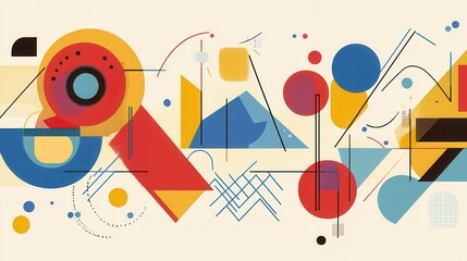 Poster - Geometric shapes and figures appear to be flying against a light background, creating a dynamic and abstract visual effect