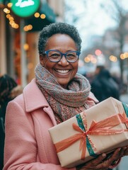 Poster - Happy woman carrying gifts on a city street. AI.