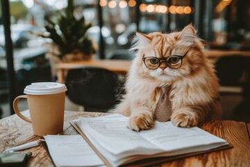 Poster - A fluffy cat in glasses reviews documents. AI.