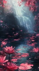 Wall Mural - Water Lilies and Waterfall: A Serene Landscape