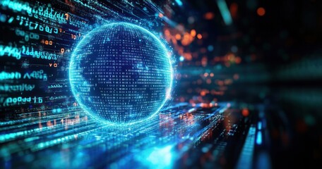 Leinwandbilder - Futuristic Earth Globe Digital Landscape with Binary Code and Neon Lights
