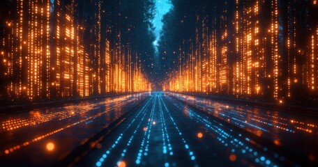 Futuristic Digital Landscape with Glowing Binary Code and Abstract Waveforms in Cyberpunk Style