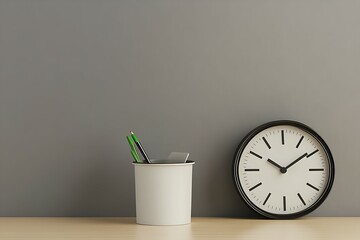 Wall Mural - Office desk with clock, pen holder