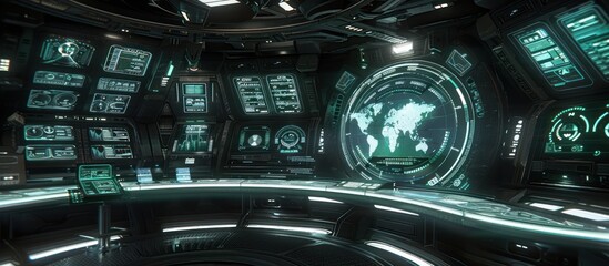 Wall Mural - futuristic control room interior with holographic displays showing a world map and various data read