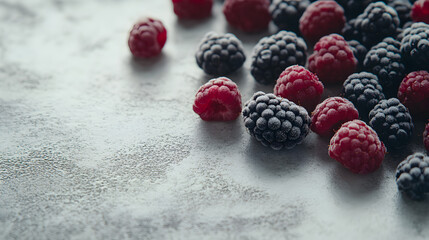 Sticker - Close-up of fresh raspberries and blackberries scattered on a light gray textured surface. The berries appear ripe and juicy, with a slight frost.  Plenty of copy space.