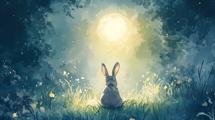 a dreamy watercolor of a rabbit sitting in a glowing moonlit meadow