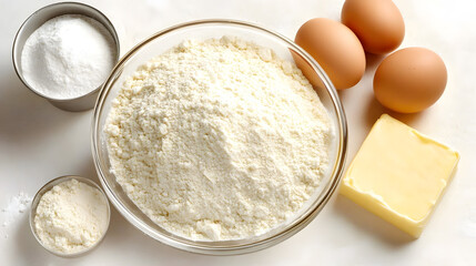 Canvas Print - Overhead shot of baking ingredients: flour, sugar, eggs, and butter.  Perfect for baking recipes and cooking blogs.