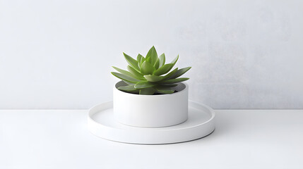 Canvas Print - A succulent plant in a minimalist white pot, sitting on a white tray against a white wall. Simple, clean, and modern aesthetic.