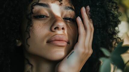 Wall Mural - close up portrait of a woman touching her face