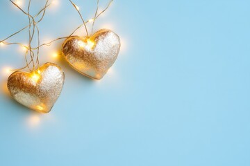 Sticker - Two golden hearts with luminous garland on light blue background. Selective focus. Valentines day card. Closeup. Valentine's day concept. Banner. Copy space.