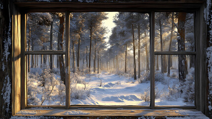 Wall Mural - Winter view through rustic window frame of a snowy forest landscape with sunlit trees and soft white snow covering the ground in a peaceful scenery. Windcrest. Illustration