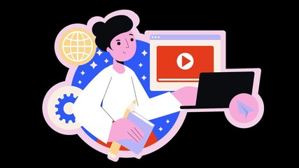 Wall Mural - A friendly person working on a laptop with a globe and gears in a colorful flat design, representing creativity and technology.