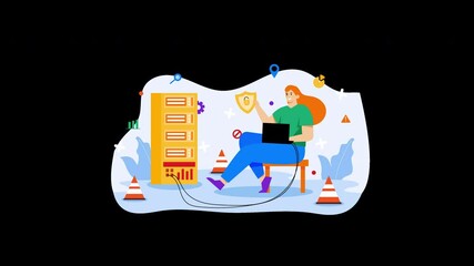 Wall Mural - A woman with orange hair working on a laptop, focusing on cybersecurity, set against a blue background with graphics.