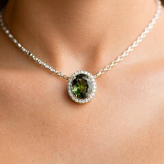 Wall Mural - A close-up of a woman's neck features a delicate silver necklace with a large oval-shaped green gemstone, surrounded by smaller diamonds.