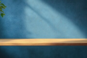 Minimalist Wooden Table Against Blue Wall for Product Display and Presentation