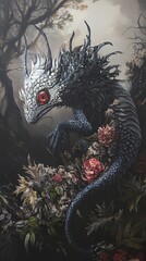 Wall Mural - Dark Fantasy Lizard: Gothic Creature in Floral Forest