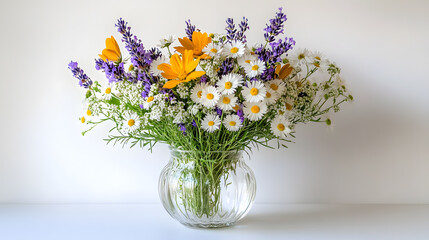 Canvas Print - A vibrant bouquet of daisies, lavender, and orange wildflowers arranged in a clear glass vase. The flowers are set against a simple white background, creating a clean and elegant image.