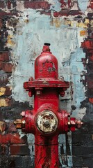 Canvas Print - Red Fire Hydrant on Weathered Brick Wall