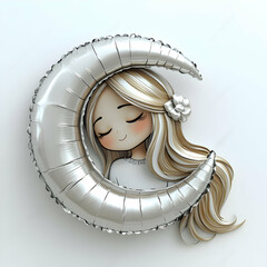 3D Illustration Girl Sleeping Moon Balloon