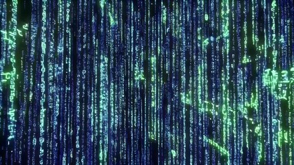 Abstract digital rain of glowing green and blue code cascading down a dark background.