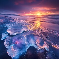 Wall Mural - Ice Beach Sunset: A Breathtaking Winter Landscape