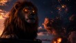© aisah - Majestic Lion with Glowing Eyes at Sunset, Fiery Background