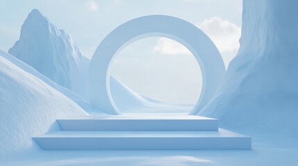 Wall Mural - 41.A serene winter composition featuring a smooth podium framed by a large geometric arch. The scene is illuminated by natural light, casting soft shadows on the white snow-like surface in a surreal