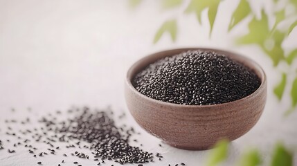 Pile of black sesame seeds on white background closeup