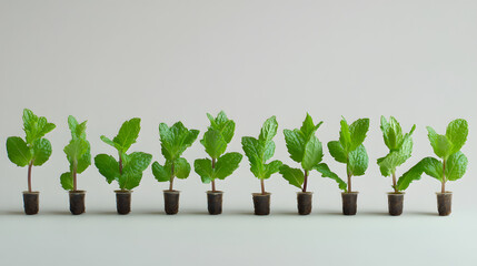 Canvas Print - Ten vibrant young mint plants in individual small pots, neatly arranged in a row against a clean, light gray background.  A simple, yet visually appealing image representing growth and freshness.