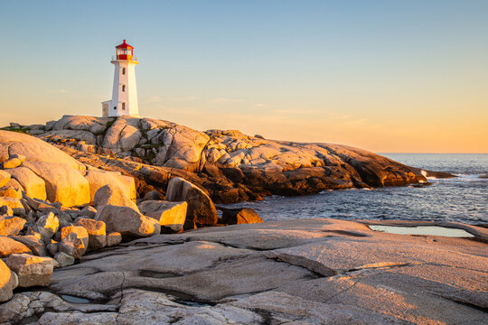 Sunset colours at Pegg’s Cove Lighthouse in Nova Scotia