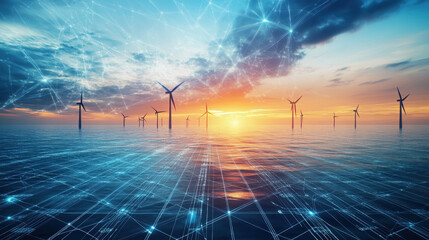 offshore wind turbines with a grid on the ocean, a digital technology and big data concept, against 