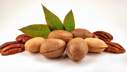 Wall Mural - Fresh Pecans with vibrant green leaves.