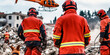 © NORN - First Responders at Disaster Scene: In the face of devastation, a team of courageous firefighters, adorned in their bright red uniforms, work tirelessly to assist victims of a catastrophic disaster.