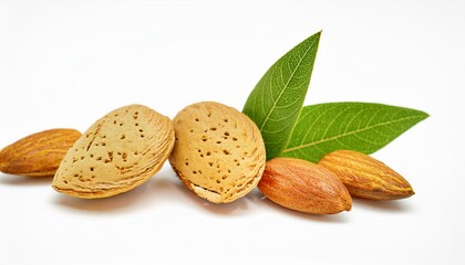 Canvas Print - Close-up of almonds with leaves.  Healthy snack.