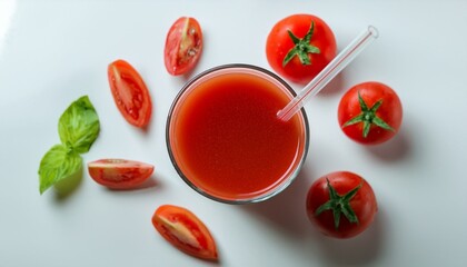 Wall Mural - Refreshing glass of tomato juice with fresh tomatoes and basil.