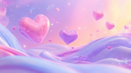 Wall Mural - Pastel Pink and Purple Hearts Floating Over Soft Dreamy Waves