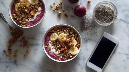 Canvas Print - Two bowls of delicious smoothie topped with granola and banana slices. Chia seeds and plums complete this healthy breakfast scene, accompanied by a smartphone.