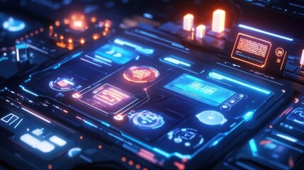 Futuristic digital interface with glowing icons and data displays.