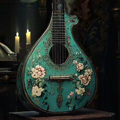 Wall Mural - Teal Vintage Guitar with Floral Design