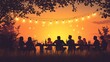 © Mega - Sunset garden party silhouettes at long table with string lights.