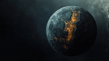 Wall Mural - glowing core of a desolate planet in the dark vastness of space: a digital art representation