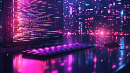 Futuristic coder's desk with glowing keyboard, mouse, and monitor displaying code.
