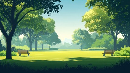 Serene park scene with two benches under lush green trees on a sunny day.